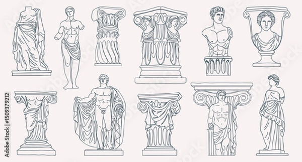 Fototapeta Collection of ancient Greek and Roman sculptures and architectural elements in Line Art. Sketch outline illustration.
