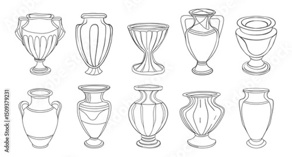 Fototapeta Set of hand drawn antique vases and amphoras. Ceramic vase icons set. Sketch outline illustration.