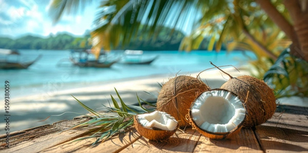Obraz Coconut with palm leaves on a tropical beach.