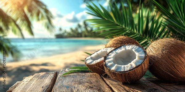 Obraz Coconut with palm leaves on a tropical beach.