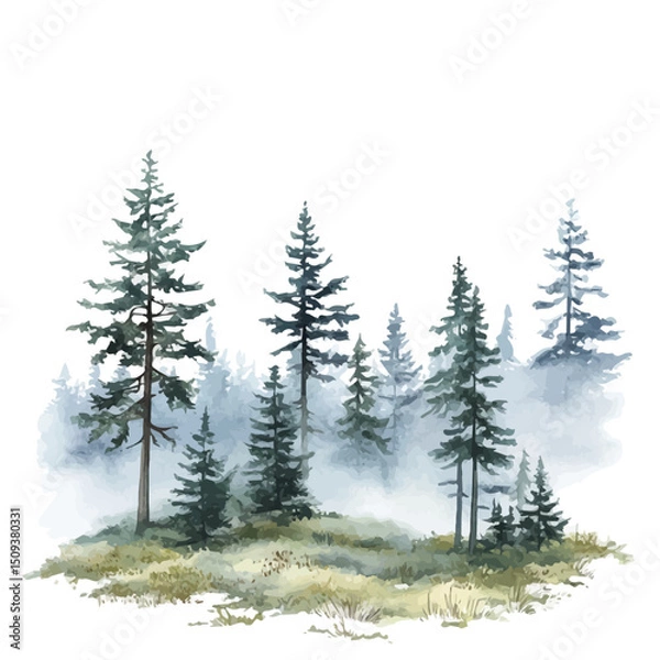 Fototapeta Misty Forest, watercolor painting vector, high quality, isolated on a white background.