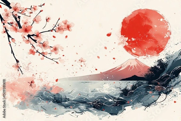 Obraz "A serene Japanese zen garden with raked gravel patterns, stone lanterns, and blooming cherry blossoms under soft morning light."

