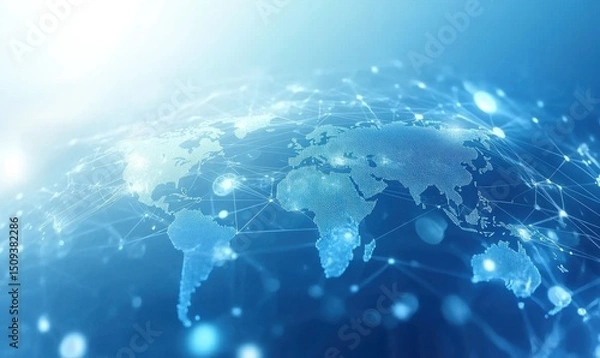 Obraz A background of light blue with digital connections and the world map, representing global connectivity and technology Generative AI