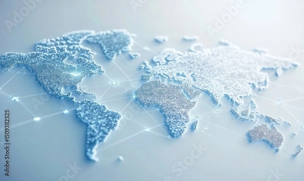 Fototapeta A background of light blue with digital connections and the world map, representing global connectivity and technology Generative AI