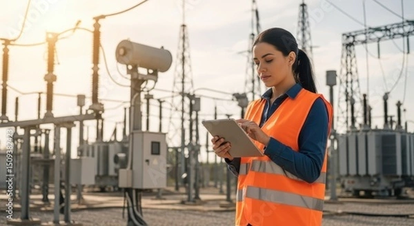 Obraz Young woman engineer using digital tablet at power station. Electrical substation technology management and inspection.