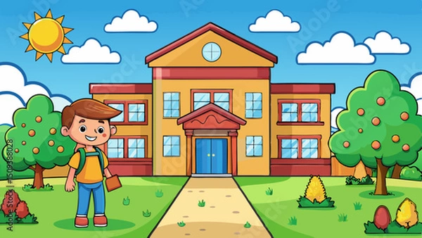Fototapeta Generated AI School Illustration Happy Boy Ready for Learning