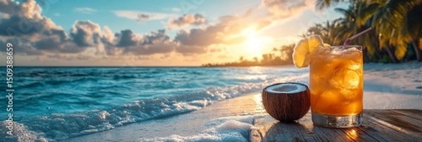 Obraz Coconuts and orange cocktail with ice cubes on the beach at sunset.