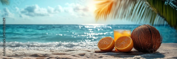 Obraz Coconuts and orange cocktail with ice cubes on the beach at sunset.