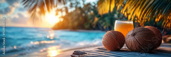 Obraz Coconuts and orange cocktail with ice cubes on the beach at sunset.