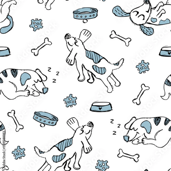 Obraz Funny dogs pattern in sketch style. Doodle background.	
