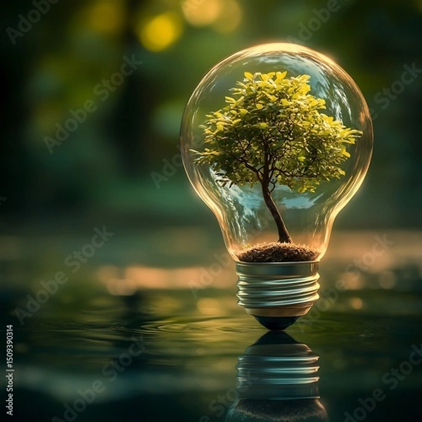 Fototapeta A lightbulb containing a small tree sitting on a reflective surface in nature scene