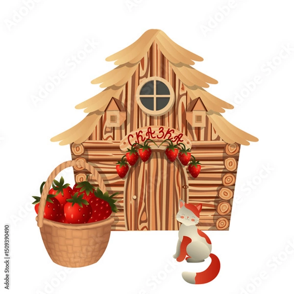 Fototapeta Cute cat with red spots and a basket of strawberries on the background of a fairy-tale wooden house. Vector illustration isolated on a white background.