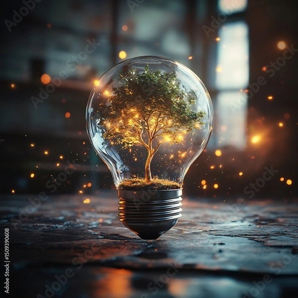 Obraz A light bulb with a tree growing inside and glowing particles floating around it on a surface