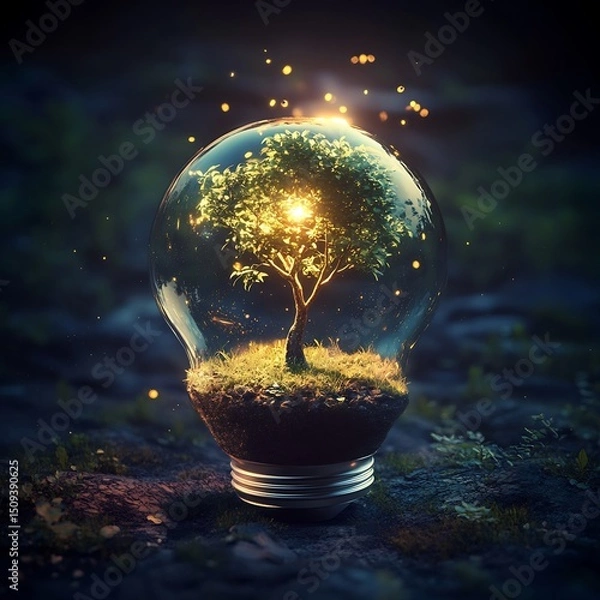 Obraz A tree growing inside a lightbulb with glowing particles around it in a dark environment