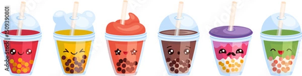 Fototapeta Cute Bubble Tea drinks kawaii cartoon vector illustration set.