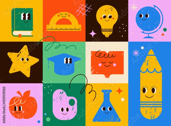 Fototapeta Seamless pattern with hand drawn classroom items characters. 