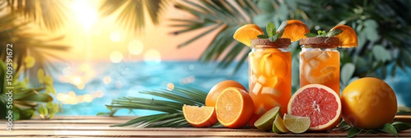 Obraz Summer refreshing drinks on wooden table against blurred tropical background. Banner design