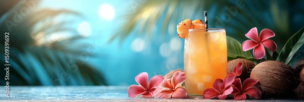 Obraz Tropical cocktail with ice on table with palm leaves and flowers
