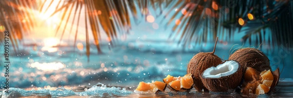 Obraz Fresh coconaut on tropical beach. Summer vacation concept.