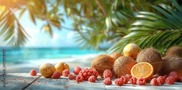 Obraz Fresh fruits on wooden table on tropical beach. Summer vacation concept.