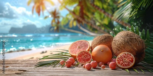 Obraz Fresh fruits on wooden table on tropical beach. Summer vacation concept.