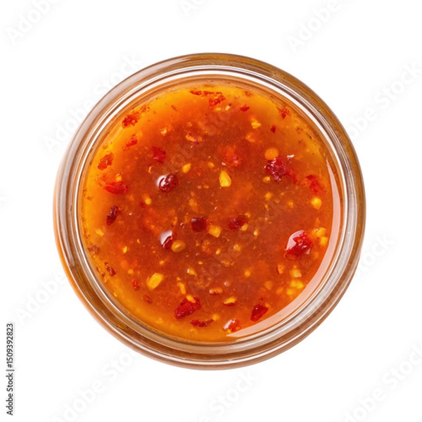 Fototapeta Glass jar filled with delicious, fermented hot honey, creating a sweet heat sauce enriched with probiotics, captured from above against a transparent background