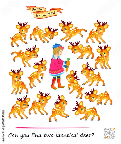 Fototapeta Can you find two identical deer? Logic puzzle for children and adults. Game Seek and Find. Page for kids brain teaser book. Task for attentiveness. IQ test. Play online. Vector illustration.