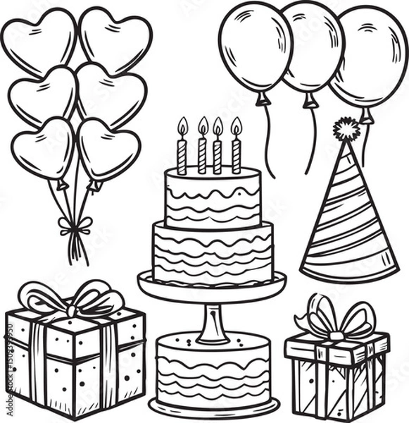 Fototapeta Vector set of birthday party icons: cake, gift, candle, and balloons for a happy celebration