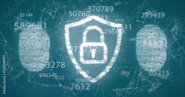 Obraz Image of multiple numbers over security padlock and fingerprint scanner