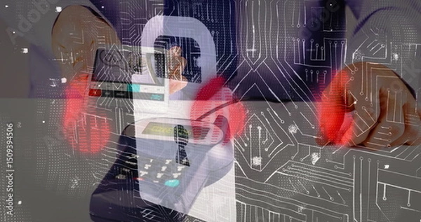 Obraz Image of data processing over hands paying with smartphone