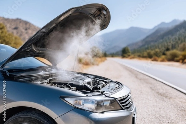 Fototapeta Overheated car engine smoking on roadside, hood open in mountain landscape during summer.