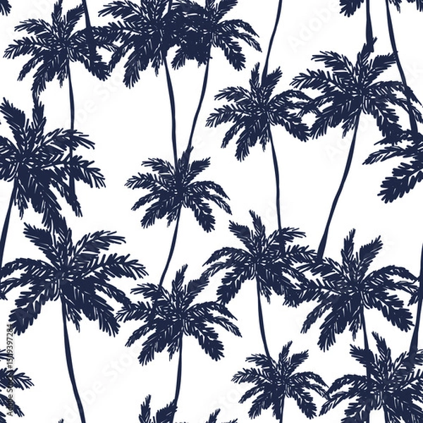 Fototapeta Tropical palm trees on the white background. Vector seamless pattern. Black and white graphic illustration. Paradise nature. Summer design