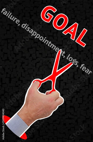 Fototapeta Cutting Through Doubt to Reach the Goal. This image is ideal for themes related to motivation, personal growth, mindset coaching, business success, and goal-setting.