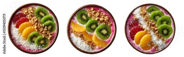 Fototapeta Three smoothie bowls with kiwi, orange, grapefruit, coconut, and granola isolated on transparent background