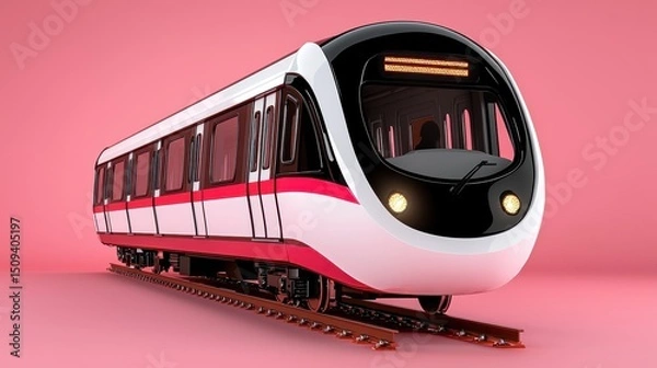 Fototapeta Modern subway train, primarily white and red, on pink background. Digital rendering with pixelated details. Focus on the front of the train