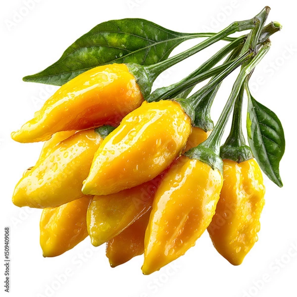 Fototapeta Aji amarillo chili peppers with leaves, vibrant yellow, isolated on transparent background