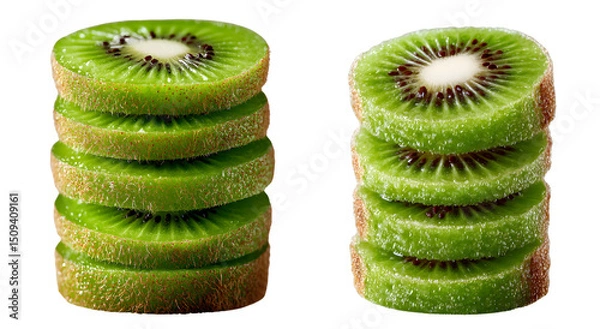 Fototapeta Two stacks of fresh kiwi fruit slices, vibrant green and isolated on transparent background