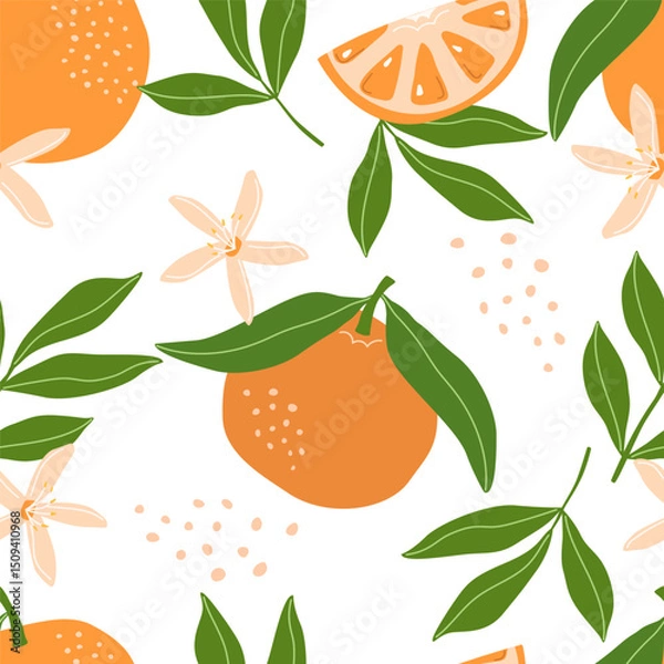 Fototapeta Seamless orange fruit pattern on a white background. Vector illustration for printing. Background with food and drinks. Cute baby background 