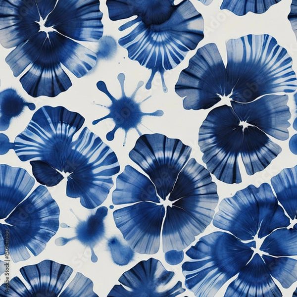 Obraz Abstract blue floral and ink splatter seamless tile pattern with a tie-dye watercolor effect on a white background, ideal for fabric, wallpaper, or digital design.