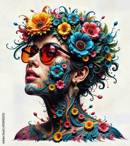 Obraz Surreal portrait of a woman covered in vibrant flowers and flowing patterns, wearing stylish sunglasses. Colorful, artistic, and psychedelic style.