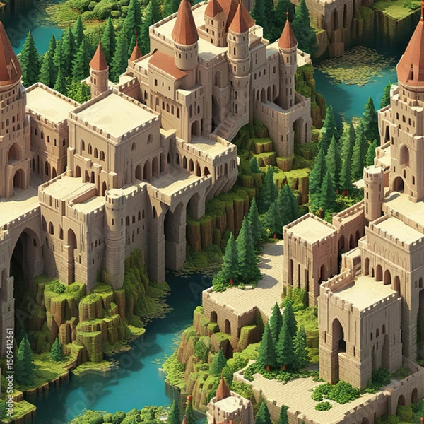 Obraz Seamless tile isometric fantasy castle complex with towers, bridges, and buildings, set in lush green hills and a river valley, rendered in a detailed blocky, game-like style.