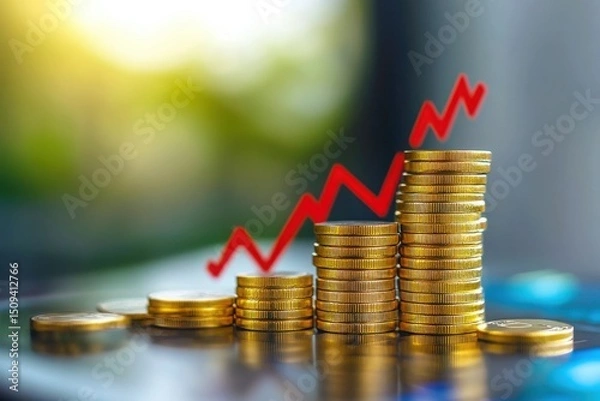 Fototapeta Stacks of coins with an upward trend line