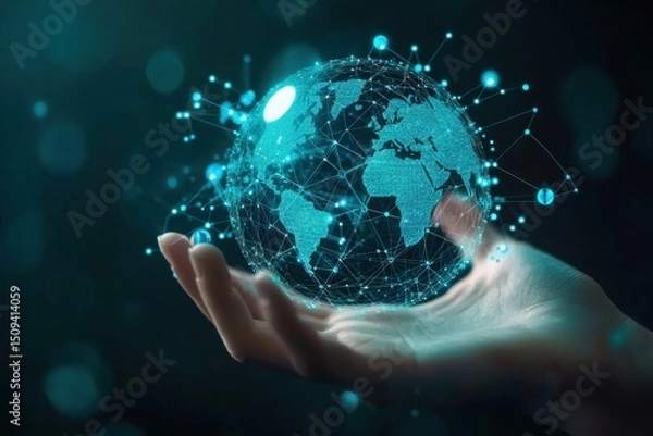 Fototapeta Hand holding digital world globe network