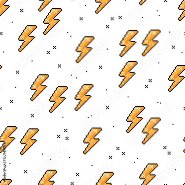 Fototapeta Pixel Art Seamless Pattern with Yellow Lightning Bolts. Repeat Background with 8 bit pixel Thunder bolts. Vector illustration