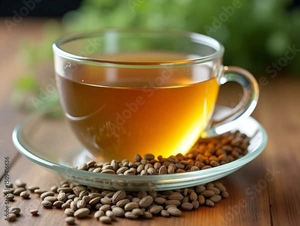 Obraz Fennel tea in cup and seeds on wooden table, closeup