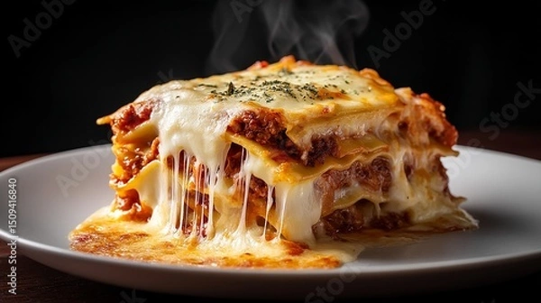 Fototapeta Photograph of layered lasagna with melting cheese and oregano on a white plate.