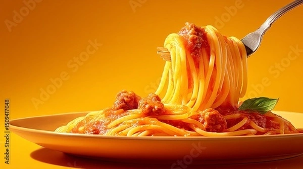 Fototapeta Photograph of spaghetti with meatballs on an orange plate, served with a fork against a bright orange background.