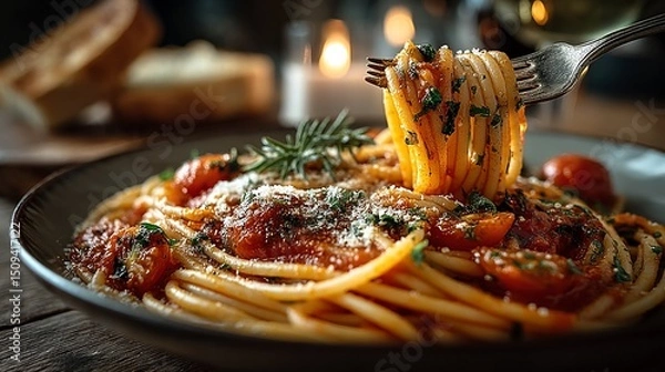 Fototapeta Photograph of spaghetti with meatballs, garnished with herbs and parmesan, served on a rustic wooden plate.