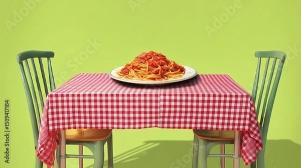 Fototapeta Photograph of spaghetti and meatballs on a checkered tablecloth with two green chairs.