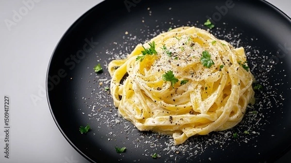 Fototapeta Photograph of spaghetti carbonara served on a black plate with parsley and pepper.